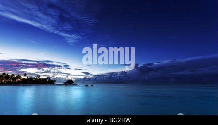 Starry night on Maldives, dark blue night sky over beach resort, beautiful nighttime seascape, luxury summer vacation and tourism concept Stock Photo