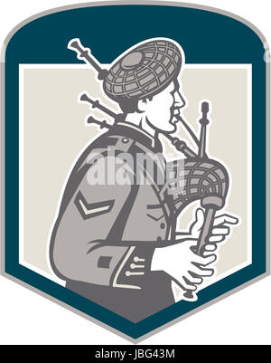 Illustration of a scotsman bagpiper playing bagpipes viewed from side set inside shield crest on isolated background done in retro woodcut style. Stock Photo