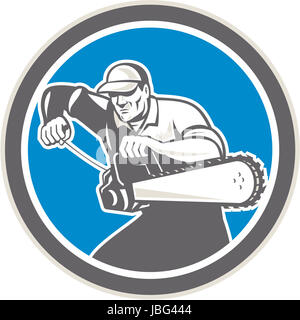 Illustration of lumberjack arborist tree surgeon revving up chainsaw viewed from front set inside circle on isolated white background.