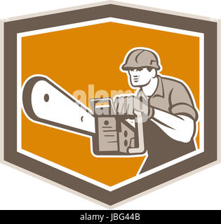 Illustration of lumberjack arborist tree surgeon operating a chainsaw viewed from front set inside crest shield shape on isolated white background done in retro style.