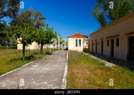 KAIAFAS LAKE, GREECE - APRIL 2017: Abandoned water spa buildings in Kaiafas lake. Kaiafas thermal springs are renowned since antiquity and include spr Stock Photo