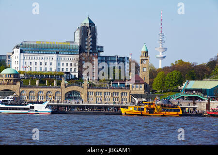 The St. Pauli Gangplanks in the harbour of Hamburg taken from across the river Elbe. Stock Photo