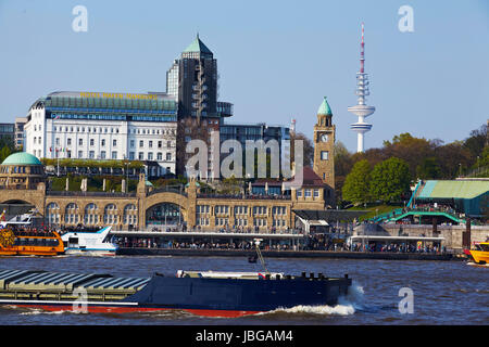 The St. Pauli Gangplanks in the harbour of Hamburg taken from across the river Elbe. Stock Photo