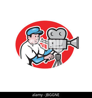 Illustration of a cameraman movie director with vintage movie film camera set viewed from side done in cartoon style. Stock Photo