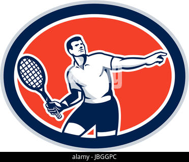 Illustration of a tennis player holding racquet viewed from front set inside oval on isolated background done in retro style. Stock Photo