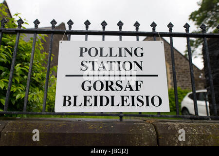 A polling station sign in Merthyr, Wales, UK, on the day of the 2017 general election. Stock Photo