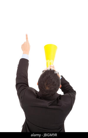 businessman forward pointing with cheering megaphone Stock Photo