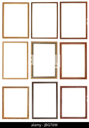 set of decorative narrow wooden picture frames with cut out canvas isolated on white background Stock Photo