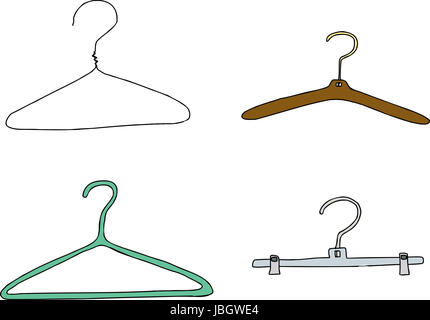 Plastic, metal and wooden clothes hangers over white background Stock Photo