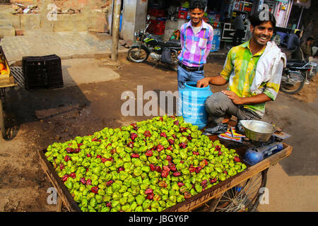 Local man selling water chestnuts (singhara) at the street market in Fatehpur Sikri, Uttar Pradesh, India. The city was founded in 1569 by the Mughal  Stock Photo