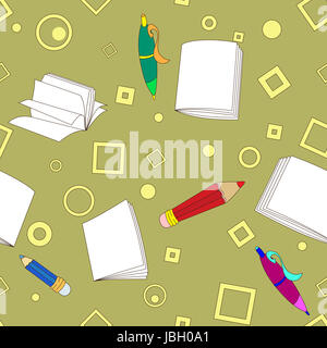 School notes seamless pattern on khaki background. Tools for drawing. Cartoon color background. Stock Photo