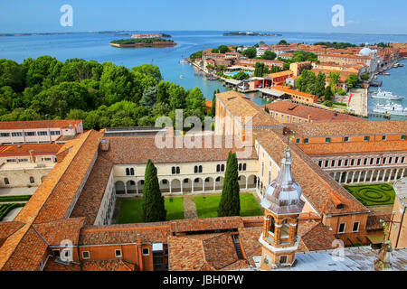 View of the courtyards of San Giorgio Monastery and Giudecca island in Venice, Italy. Monastery is located on the island of San Giorgio Maggiore Stock Photo