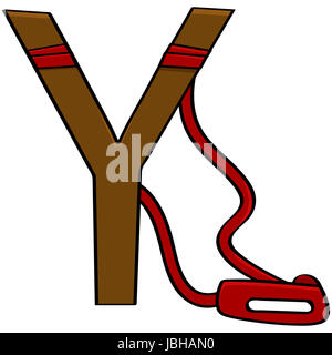 Cartoon illustration showing a rudimentary sling made with a piece of wood and a red rubber band Stock Photo