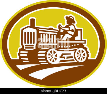 Illlustration of a farmer worker drive driving a vintage tractor ...