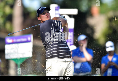 Memphis, TN, USA. 09th June, 2017. Braden Thornberry tees off from the eleventh tee box during the second round of the FedEx St. Jude Classic at TPC Southwind in Memphis, TN. Austin McAfee/CSM/Alamy Live News