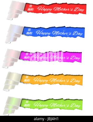 Set Rolled up and torn paper with caption, inscription Happy Mother's Day Stock Photo