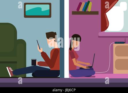 Man And Woman Sitting On Floor At Home Chatting Together Using Cell Smart Phone And Laptop Computer Wireless Wifi Online Connection Stock Vector