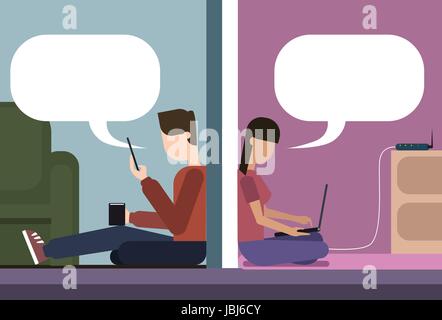 Man And Woman Sitting On Floor At Home Chatting Together Using Cell Smart Phone And Laptop Computer Wireless Wifi Online Connection Stock Vector