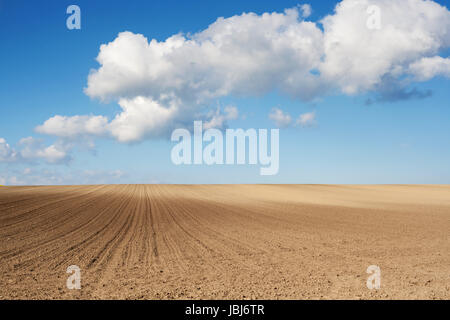 Gepflügtes Feld mit blauen Himmel und Wolken Stock Photo