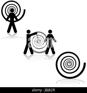 Icon set showing a man being hypnotized, another hypnotizing someone and a clock with a hypnosis spiral around it Stock Photo