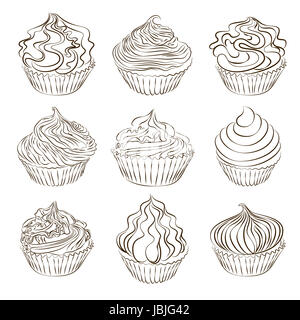 Set of hand drawn cupcake sketch isolated on white. Stock Photo