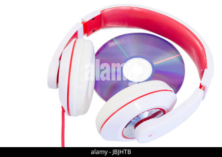 Audio language course compact disc and red white colored headphones isolated Stock Photo