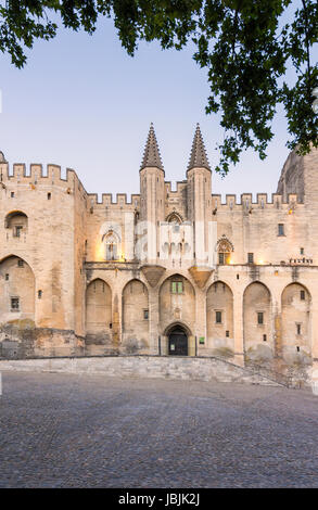 Sunset over the Gothic twin towered facade of the Palais Neuf, Palais des Papes, Palace Square, Avignon, France Stock Photo