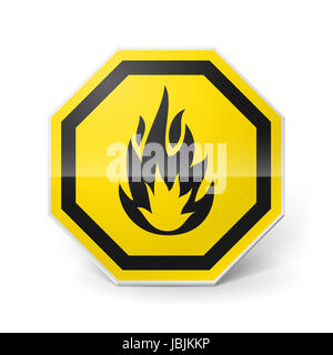 Shiny metal warning sign of highly flammable on white background Stock Photo