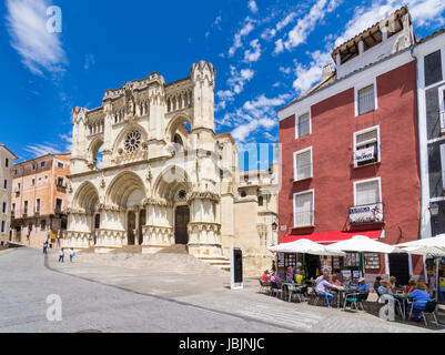 Colourful cafe next to the  Cathedral on Plaza Mayor, Cuenca, Castilla La Mancha, Spain Stock Photo