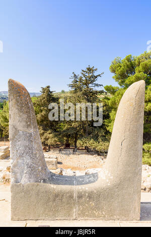 Restored Horns of Consecration on the south facade, the symbol of the Minoan sacred bull, Palace of Knossos, Crete, Greece Stock Photo