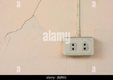 Old power plug socket outlet on old  concrete wall Stock Photo