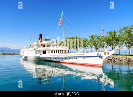 CGN Rhone paddle steamer boat moored in the port of Ouchy, Lausanne, Switzerland Stock Photo