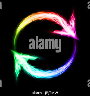 Fire circular arrows in spectrum colors on black background Stock Photo