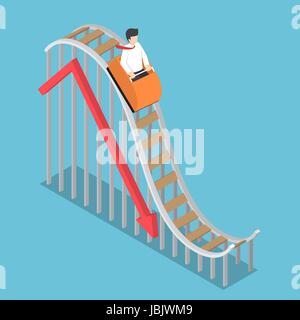 Businessman is Riding on a Roller Coaster with Falling Graph, Bankruptcy and Financial Crisis Concept Stock Vector