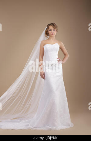 Engagement. Bride wearing Sleeveless Ivory Dress and Veil Stock Photo