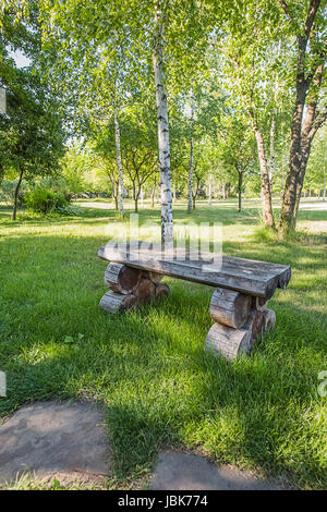 Old handmade wooden bench standing on lawn near white birch in the park or garden, from the right of sandstone footpath. Stock Photo