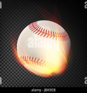 Flaming Realistic Baseball Ball On Fire Flying Through The Air. Burning Ball Stock Vector