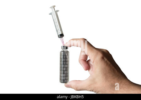 Hand holding antivirus binary code ampoule with syringe isolated on white background Stock Photo