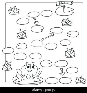 Game template with frog. Vector coloring book pages for children Stock Vector