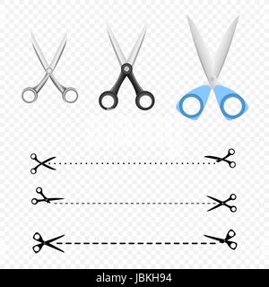 Different scissors set collectoin and scissor cutting line silhouette on transparent background Stock Vector