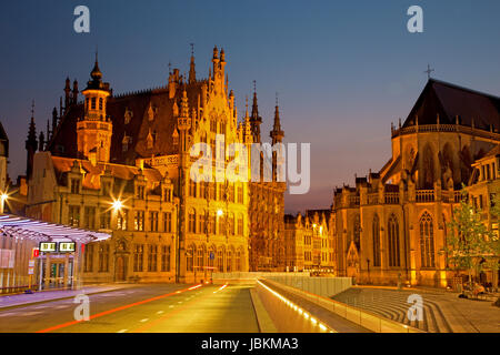 Leuven - Gothic town hall and st. Peters cathedral from Margarethaplein in morning dusk Stock Photo