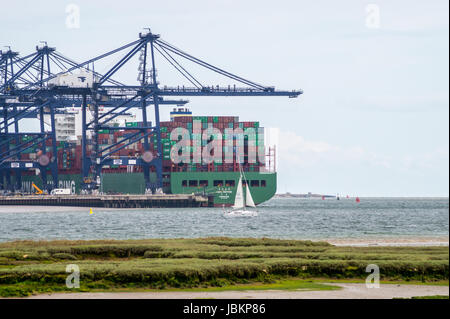 Yacht 'Sun Odyssey' sails by Container ship CSCL JUPITER of China Shipping Line, Felixstowe Docks, Suffolk, England, seen from the Orwell estuary Stock Photo