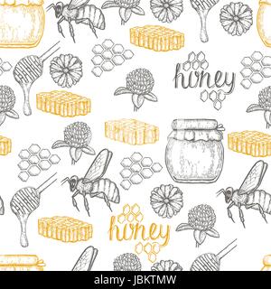 Hand drawn honey seamless pattern over white background Stock Vector