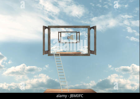 Ladders to the open windows and key to open the sky. Conceptual illustration Stock Photo