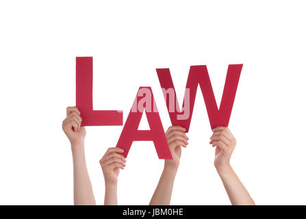 Many Hands Holding the Red Word Law, Isolated Stock Photo