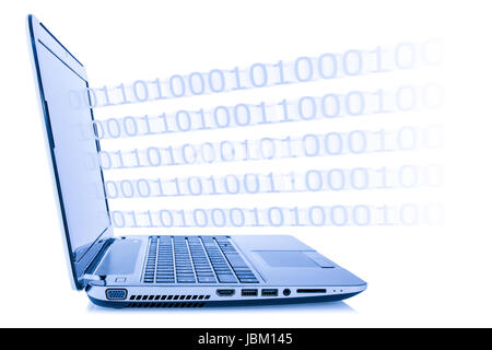 Computer technology concept. Program code coming out from laptop, isolated on white background Stock Photo