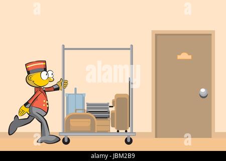 Bellboy and suitcases In the hallway of the hotel. Conceptual illustration about travels and hotels Stock Vector