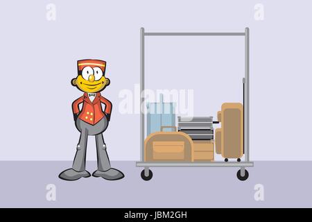 Bellboy and suitcases In the hallway of the hotel. Conceptual illustration about travels and hotels Stock Vector