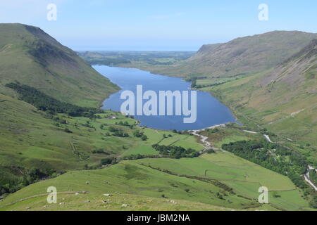 An aerial view of Wast Water and surrounding hills, in the Lake District from the climb up Lingmell Stock Photo