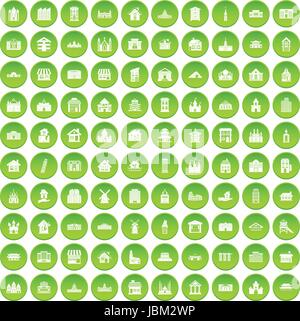 100 building icons set green circle Stock Vector